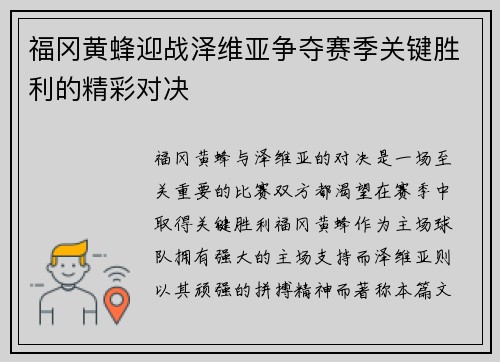 福冈黄蜂迎战泽维亚争夺赛季关键胜利的精彩对决